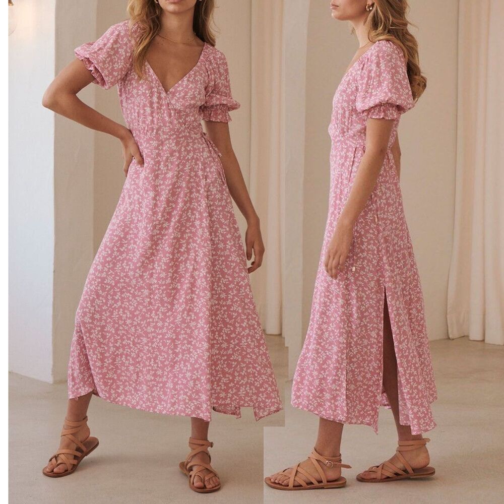 Kivari Faith Wrap Midi Dress Womens 4 Pink Daisy Floral